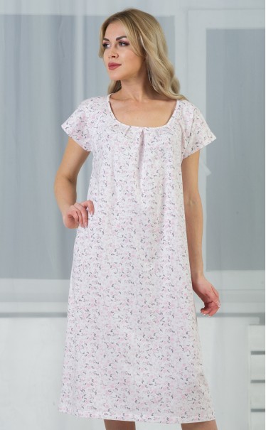 Ночная сорочка "нежно-розовые цветы и серые листья на белом"